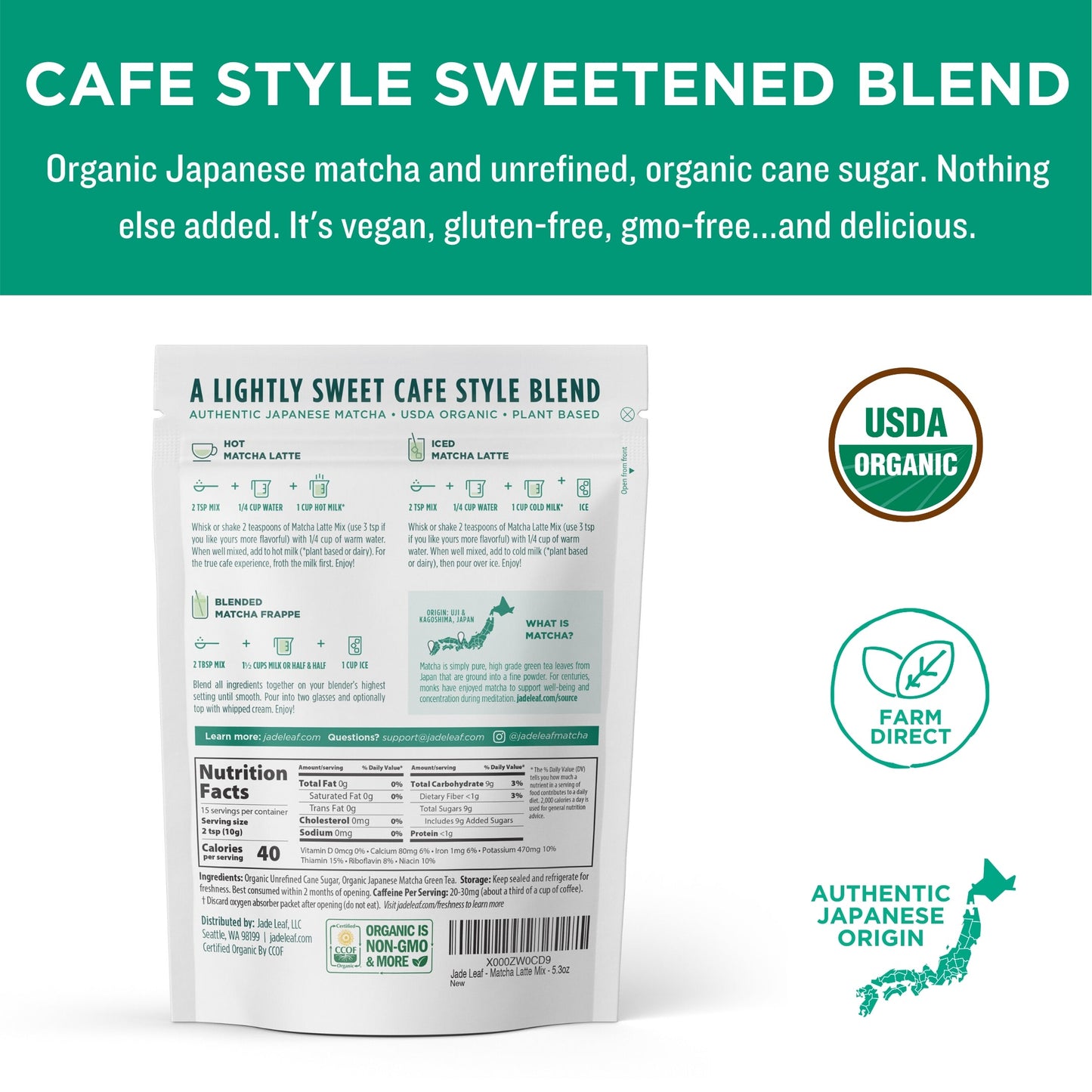 Cafe Style Matcha Latte Mix organic blend pouch with USDA organic and Japanese origin labels