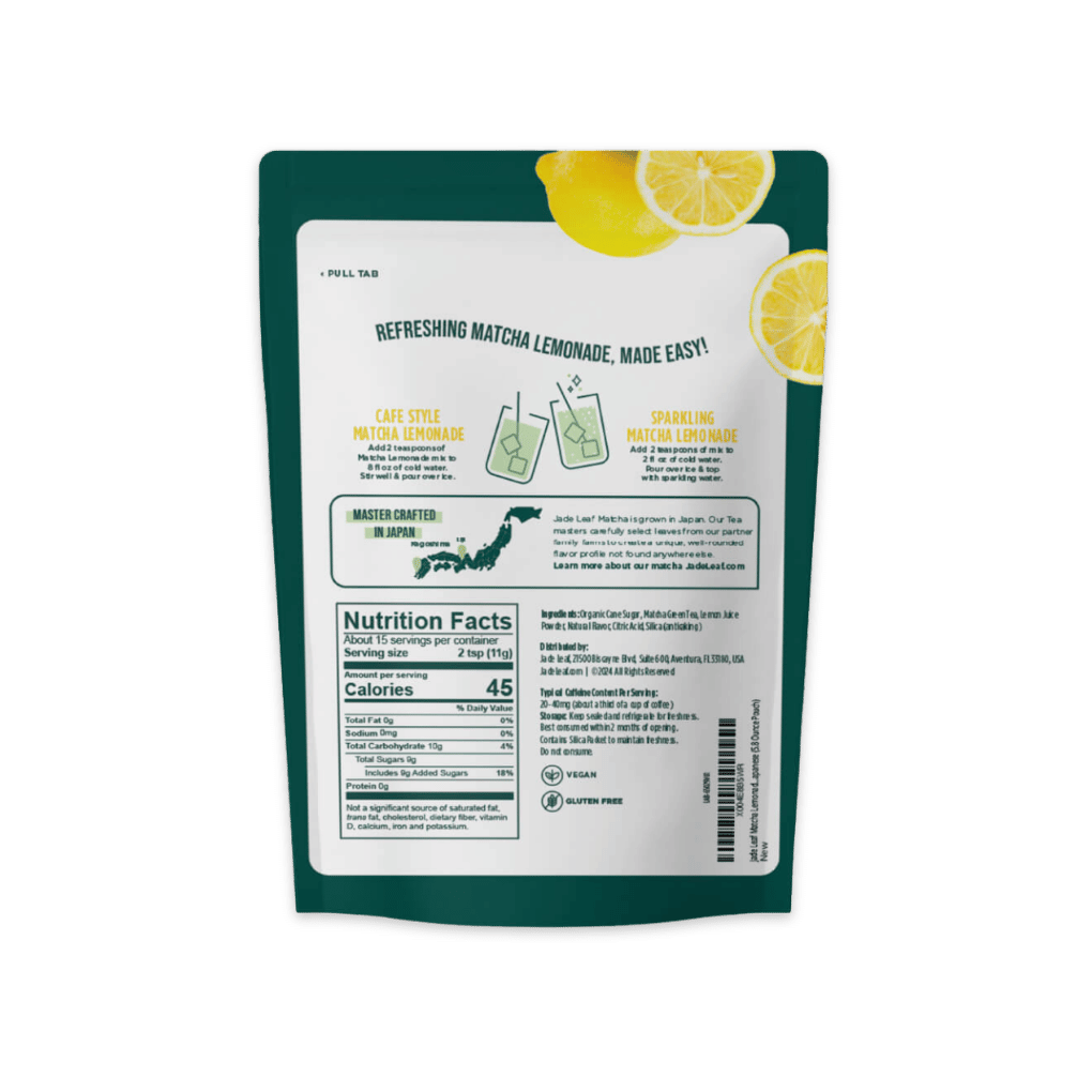 Back of Matcha Lemonade Mix package with nutrition facts and preparation instructions