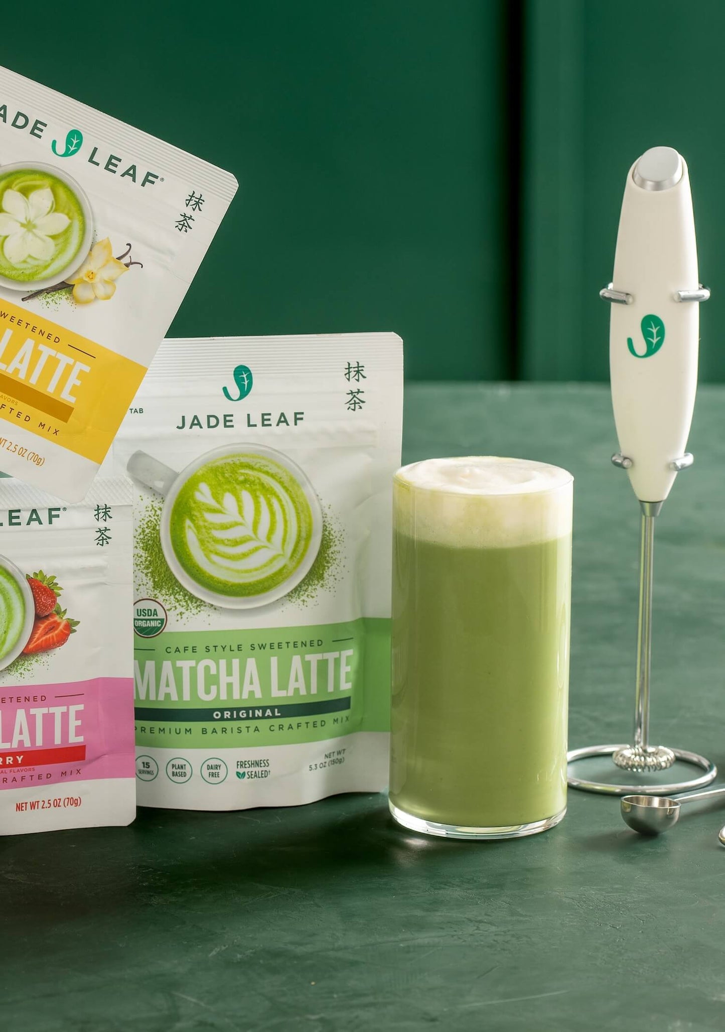 Latte Lovers Sample Bundle with matcha latte mix variety and frothy matcha latte drink