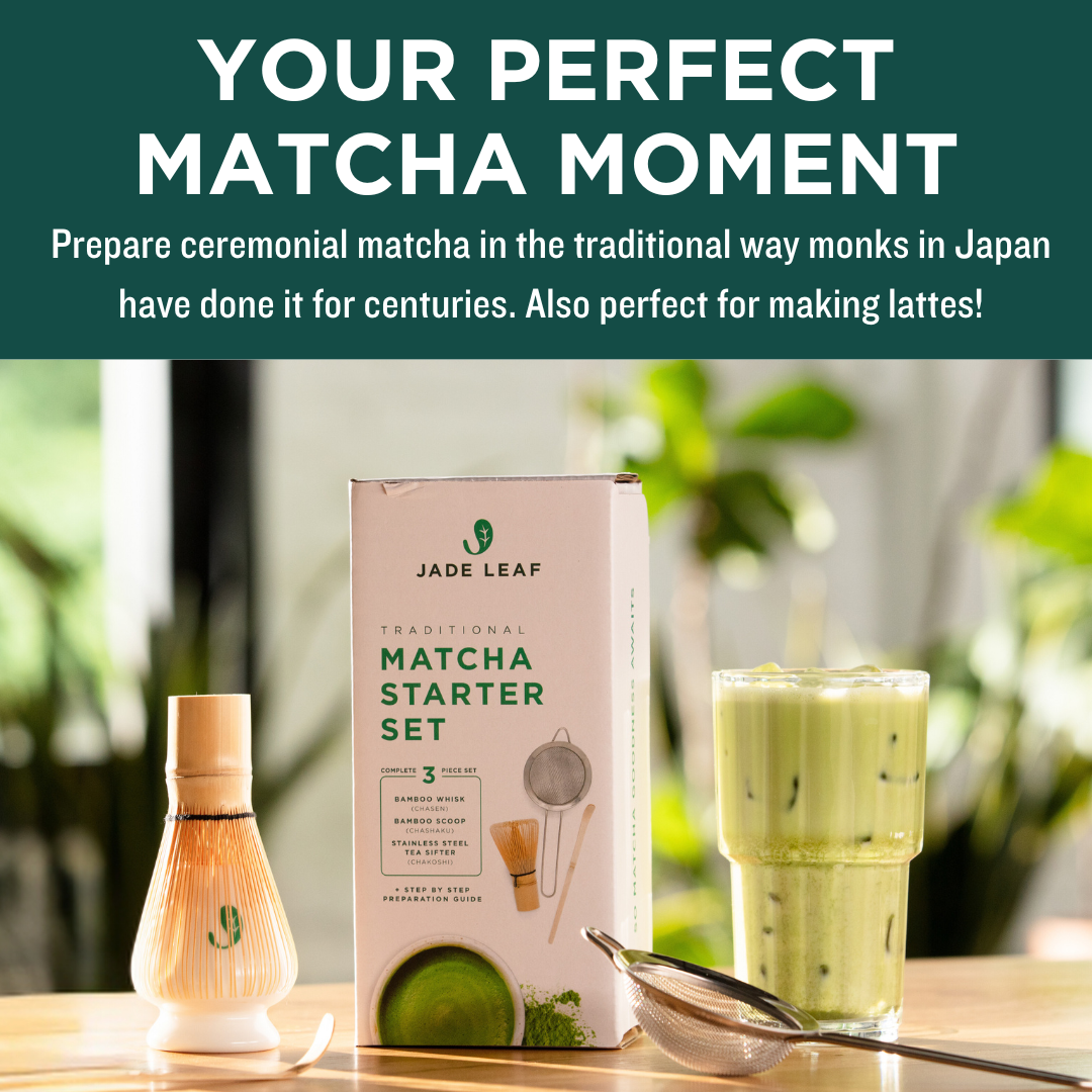 Traditional Matcha Starter Set with bamboo whisk, scoop, stainless steel sifter, and preparation guide displayed with matcha latte and tea whisk holder
