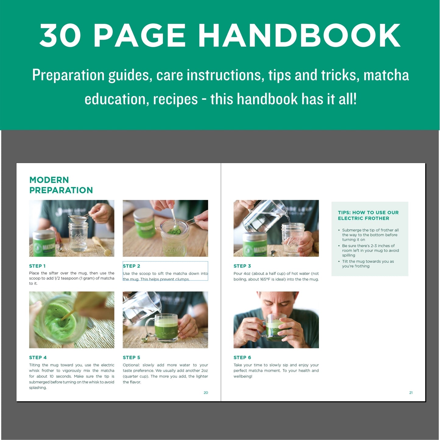 Culinary Matcha Starter Bundle with 30-page handbook, electric whisk, steel sifter, scoop, and organic matcha pouch