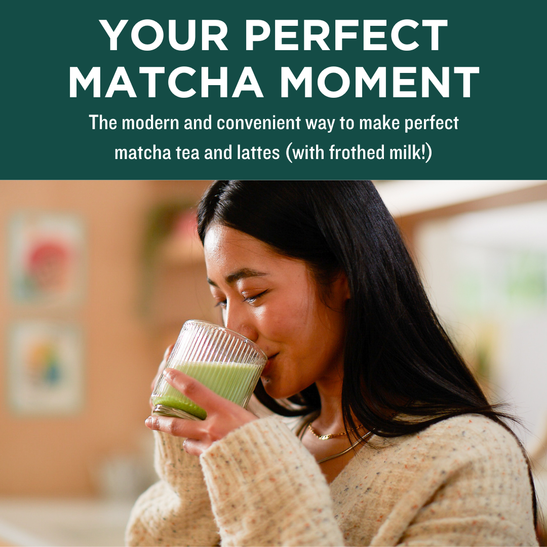 Woman enjoying a glass of frothy matcha tea made with the Modern Matcha Starter Set