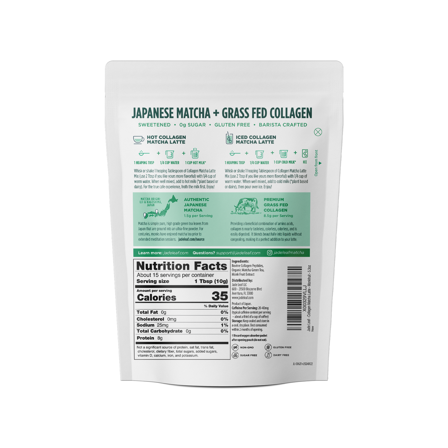 Collagen Matcha Latte Mix sugar-free with organic Japanese matcha and grass-fed collagen peptides, low calorie and keto friendly