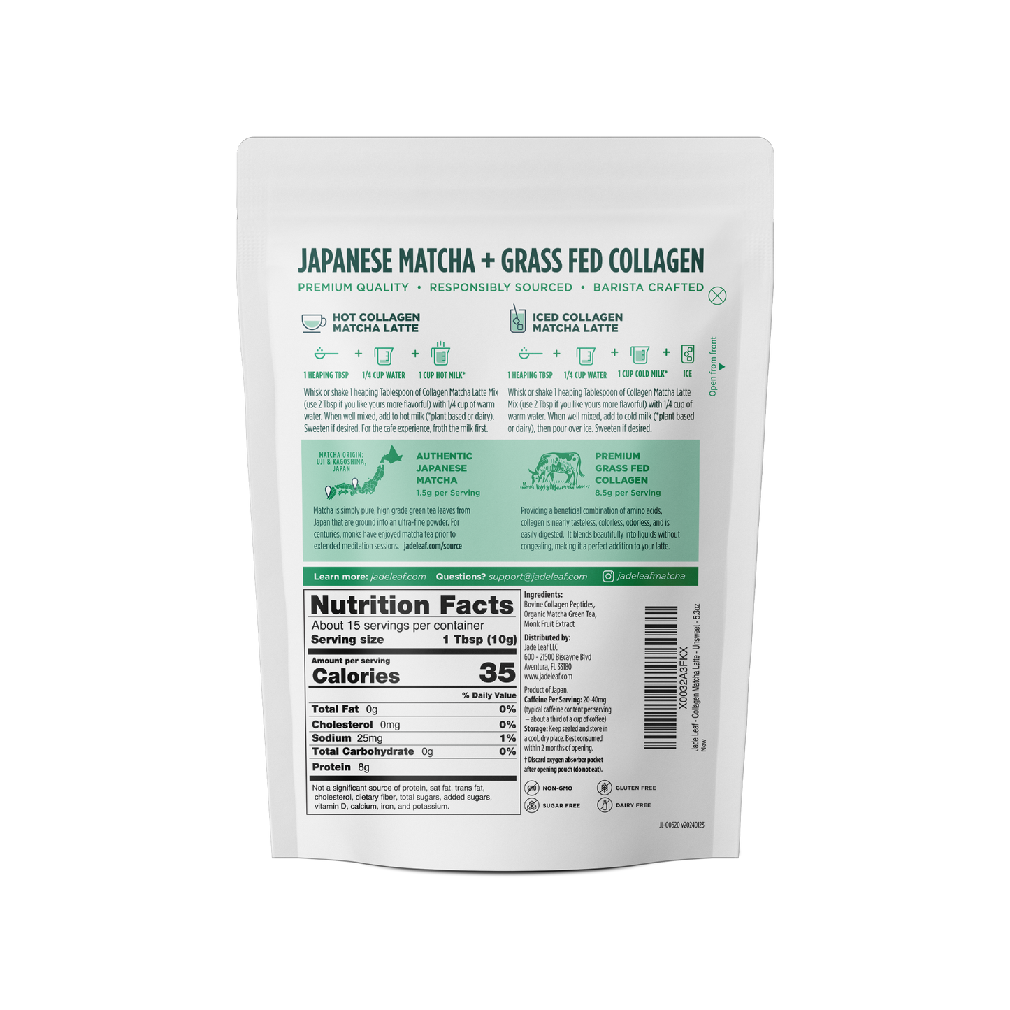 Back of Collagen Matcha Latte Mix packaging showing nutritional facts and usage instructions.