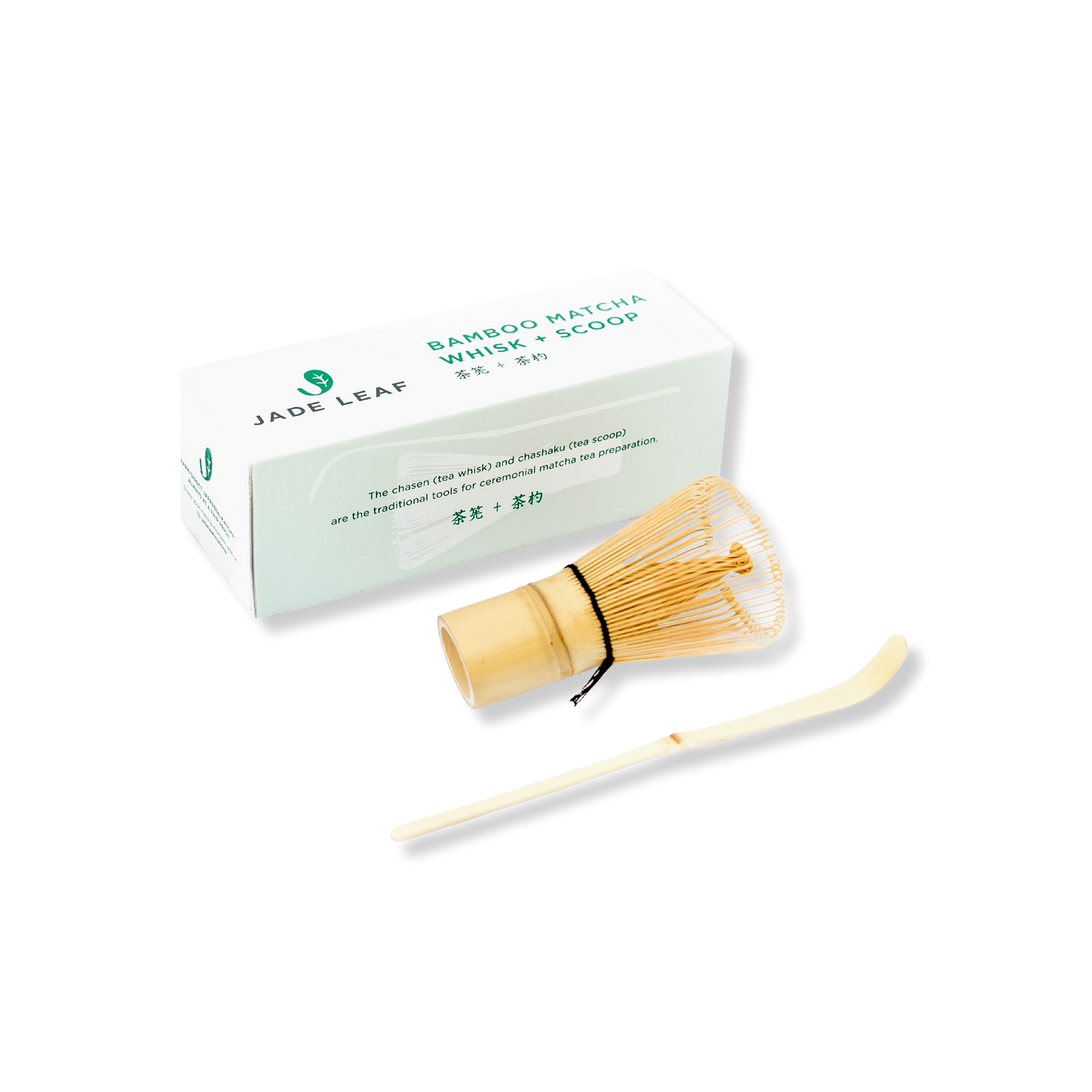Bamboo matcha whisk and scoop with packaging for traditional tea preparation