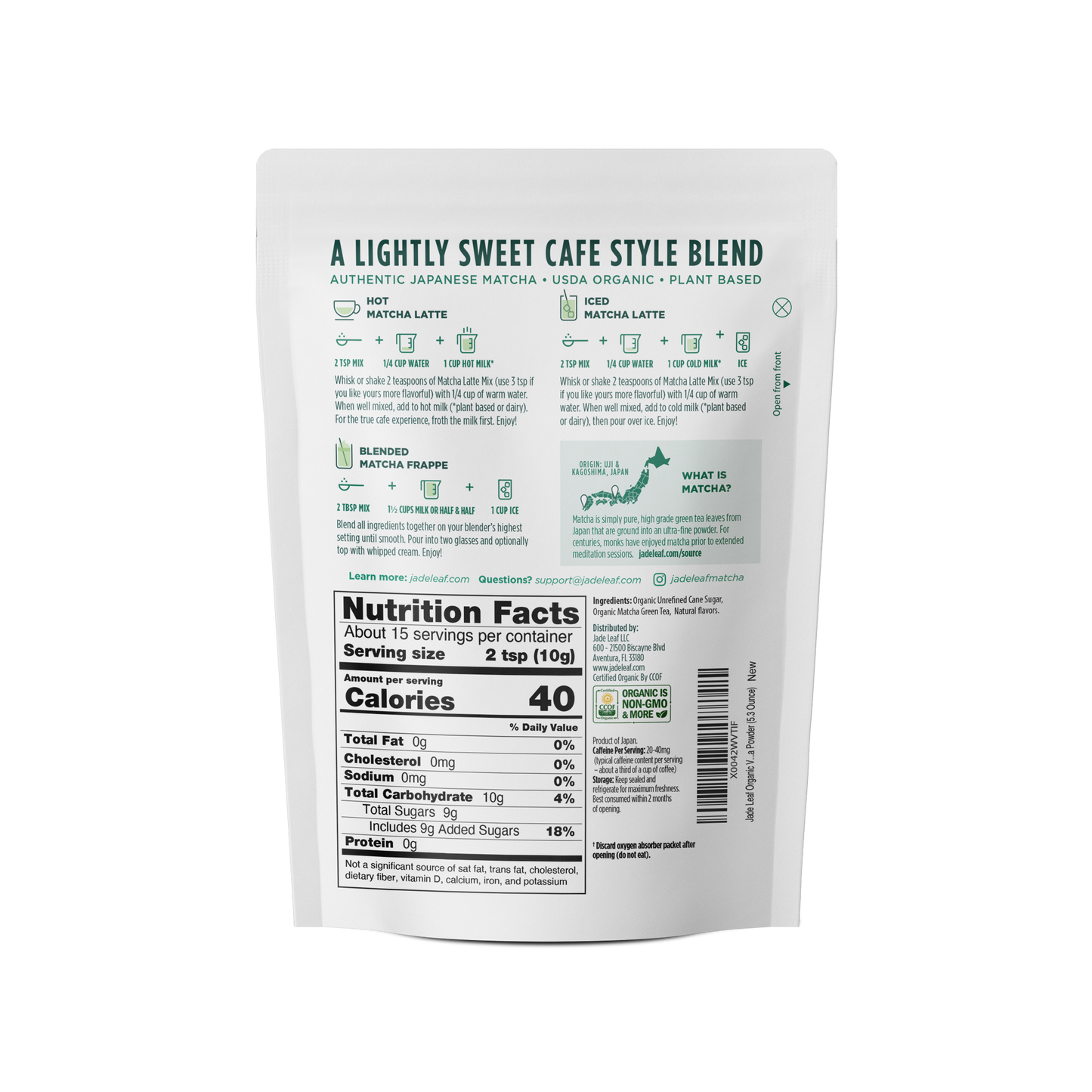 Organic cafe style vanilla sweetened matcha latte mix bag with nutrition facts and preparation instructions