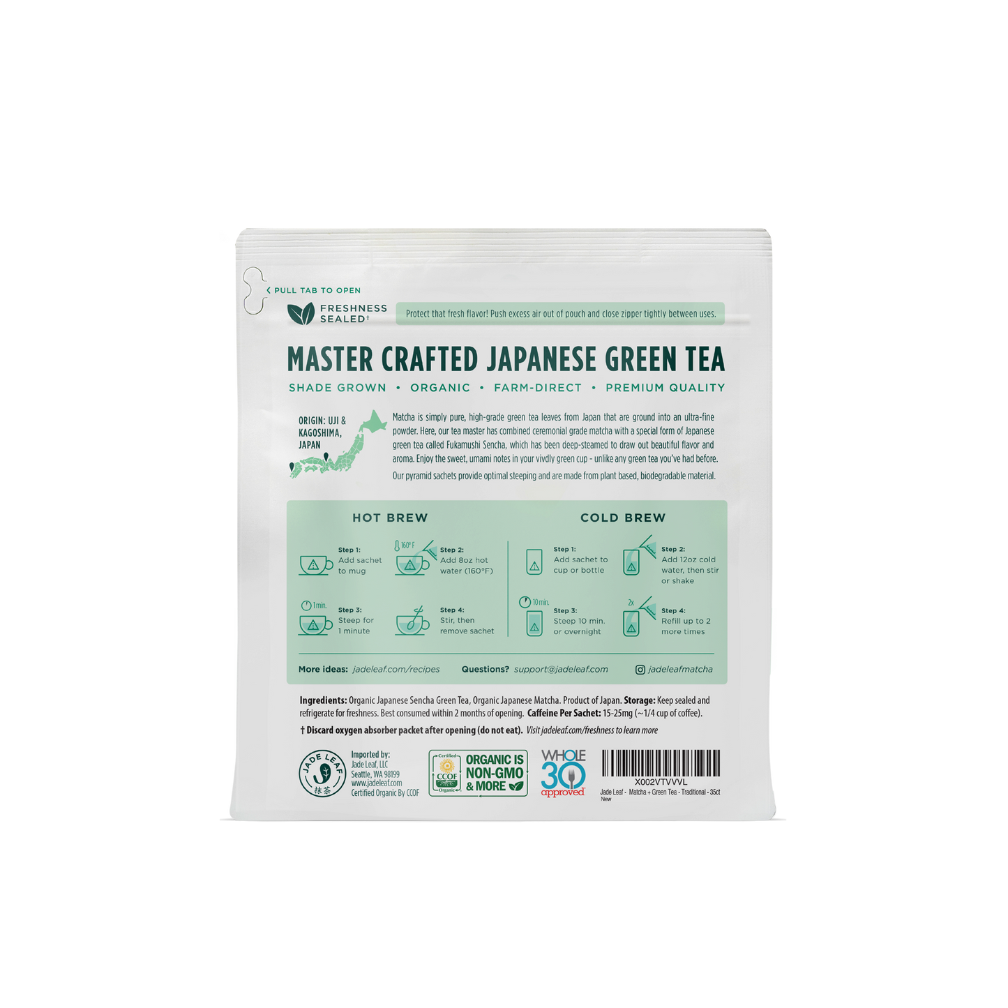 Matcha + Green Tea Pyramid Sachet Tea Bags - Traditional - 35 Sachets