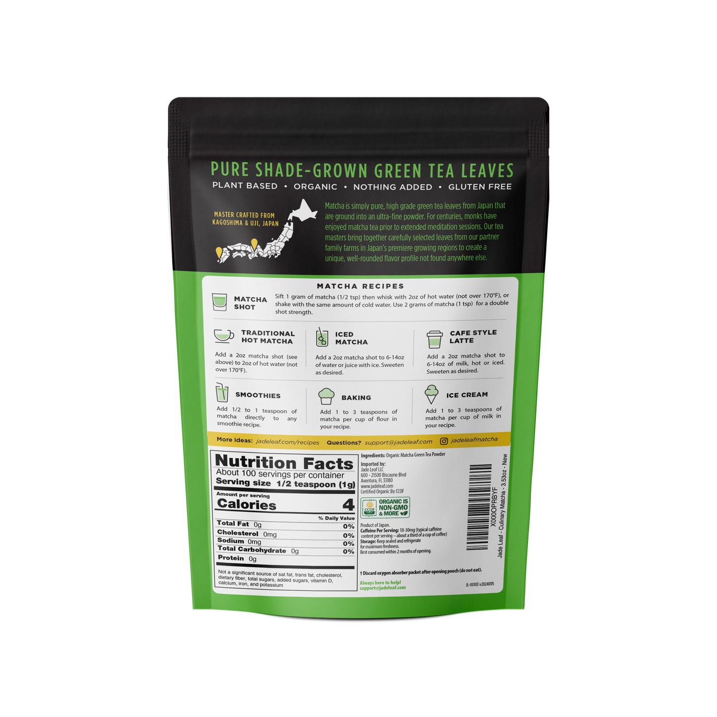 Organic Culinary Matcha green tea powder for cooking and beverages, USDA organic, vegan, gluten-free, farm-direct from Japan