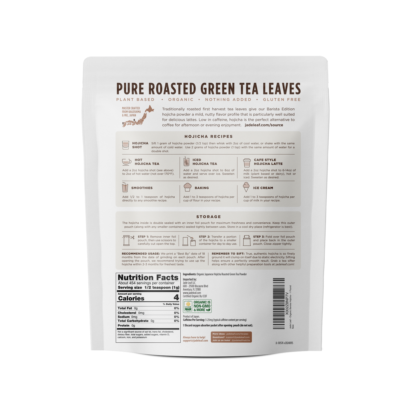 Organic Hojicha Powder Barista Edition packaging with brewing instructions and nutritional facts