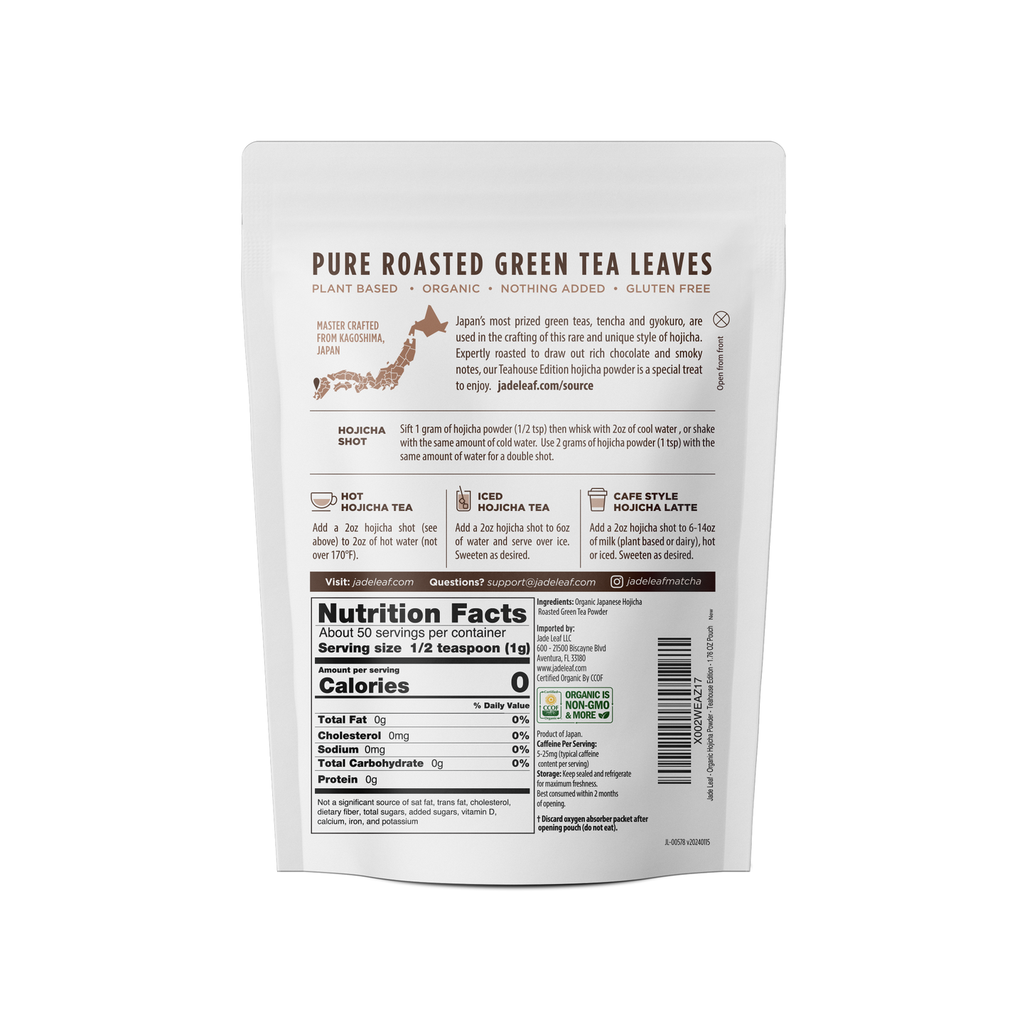 Organic Hojicha Powder package with pure roasted green tea leaves, USDA organic, low caffeine, gluten-free and vegan.