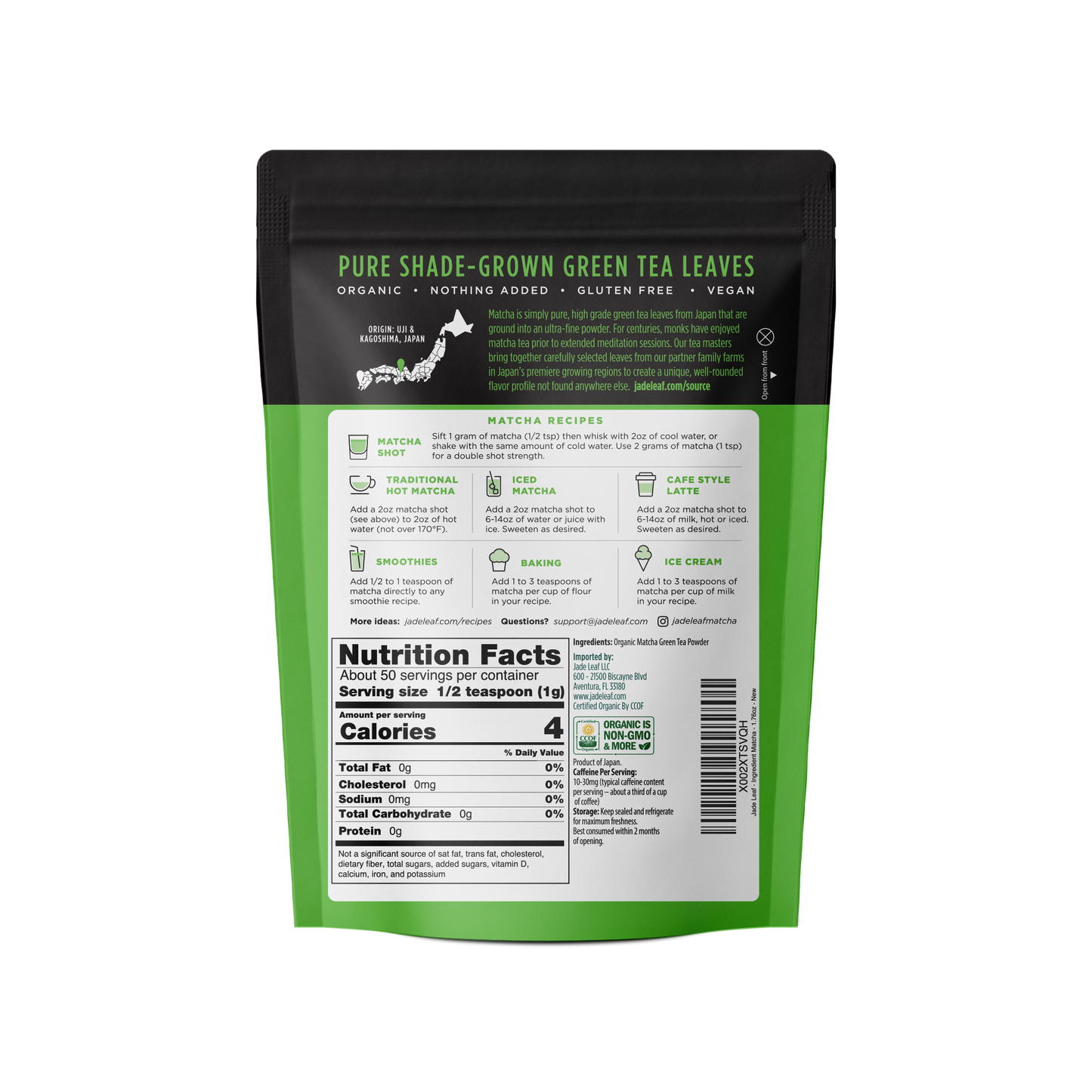 Organic Ingredient Matcha USDA organic pure shade-grown Japanese green tea powder with antioxidants and natural caffeine for jitter-free energy