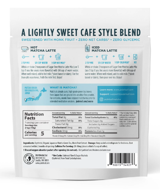 Sugar-free cafe style sweetened matcha latte mix with monk fruit, vegan and gluten-free, Japanese matcha blend for hot or iced lattes