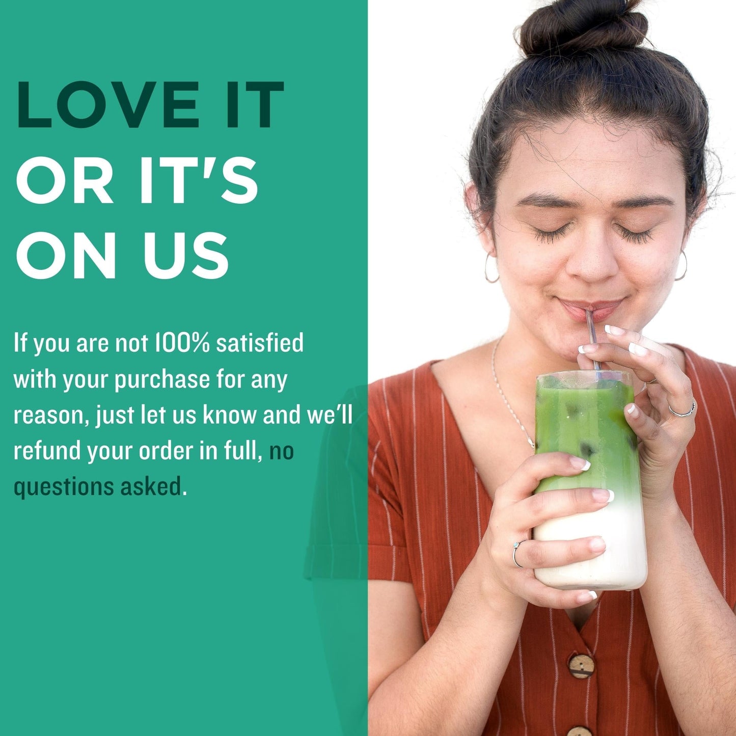 woman enjoying iced matcha latte with Complete Matcha Ceremony Set guarantee text