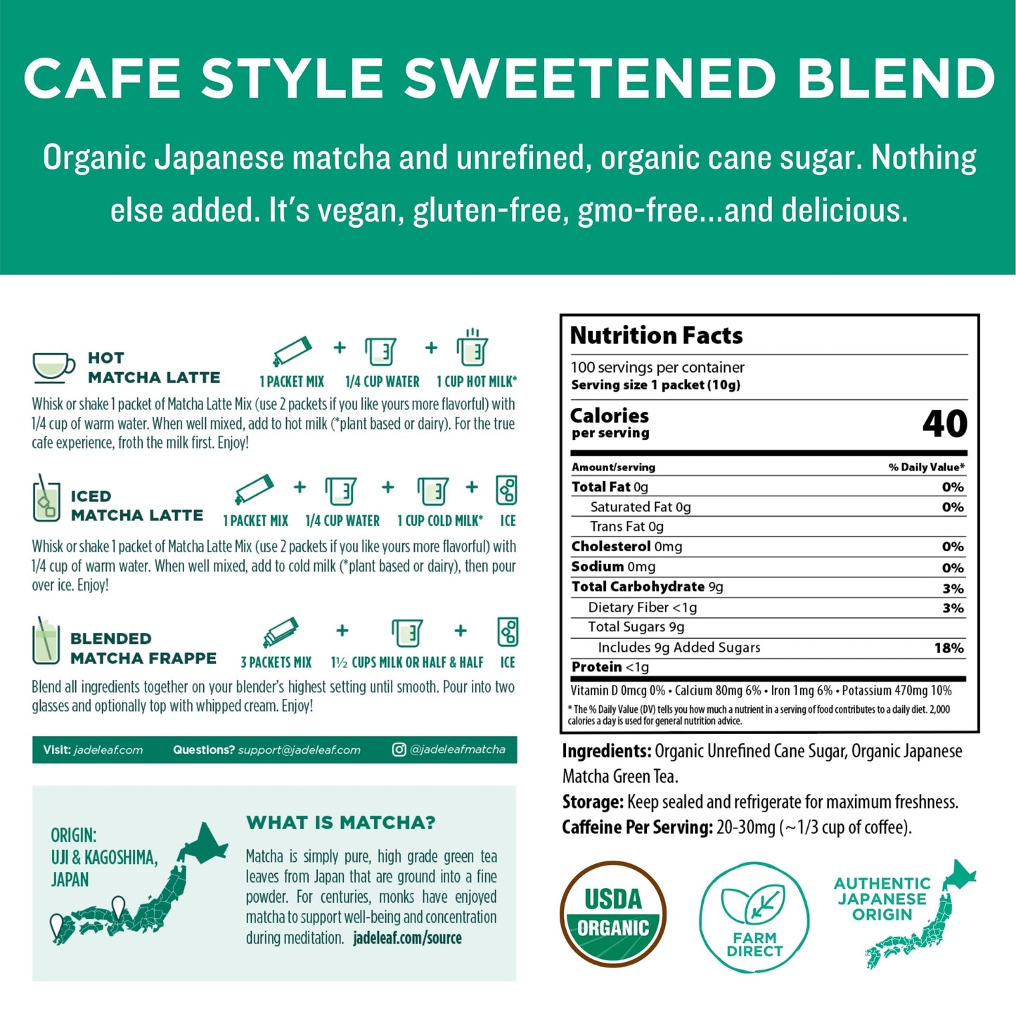 Organic cafe style sweetened matcha latte mix stick packs with Japanese matcha and organic cane sugar, vegan and gluten-free