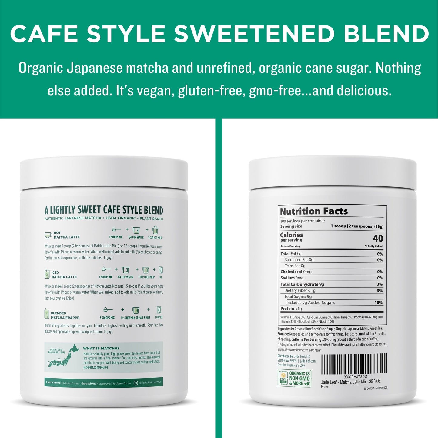 POS Organic Cafe Style Sweetened Matcha Latte Mix container front and back with product details and nutrition facts