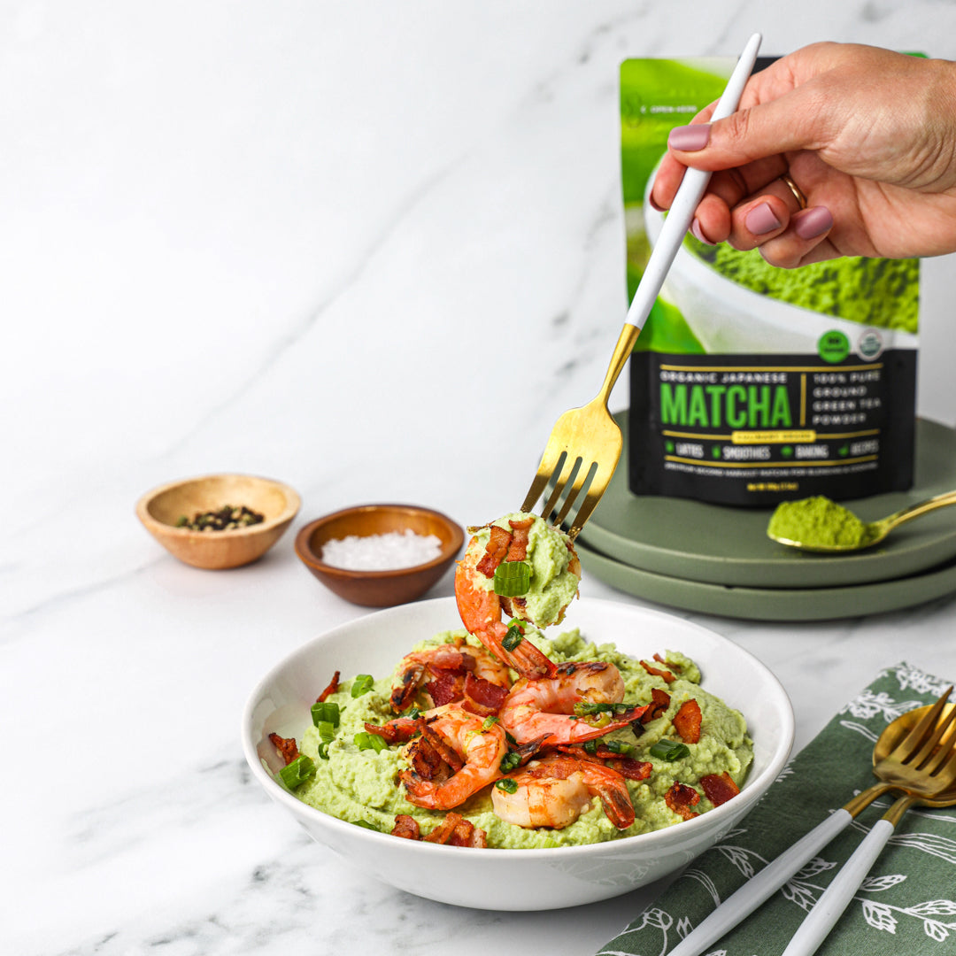Whole30® Compatible: Savory Matcha Cauli Grits with Garlic Shrimp