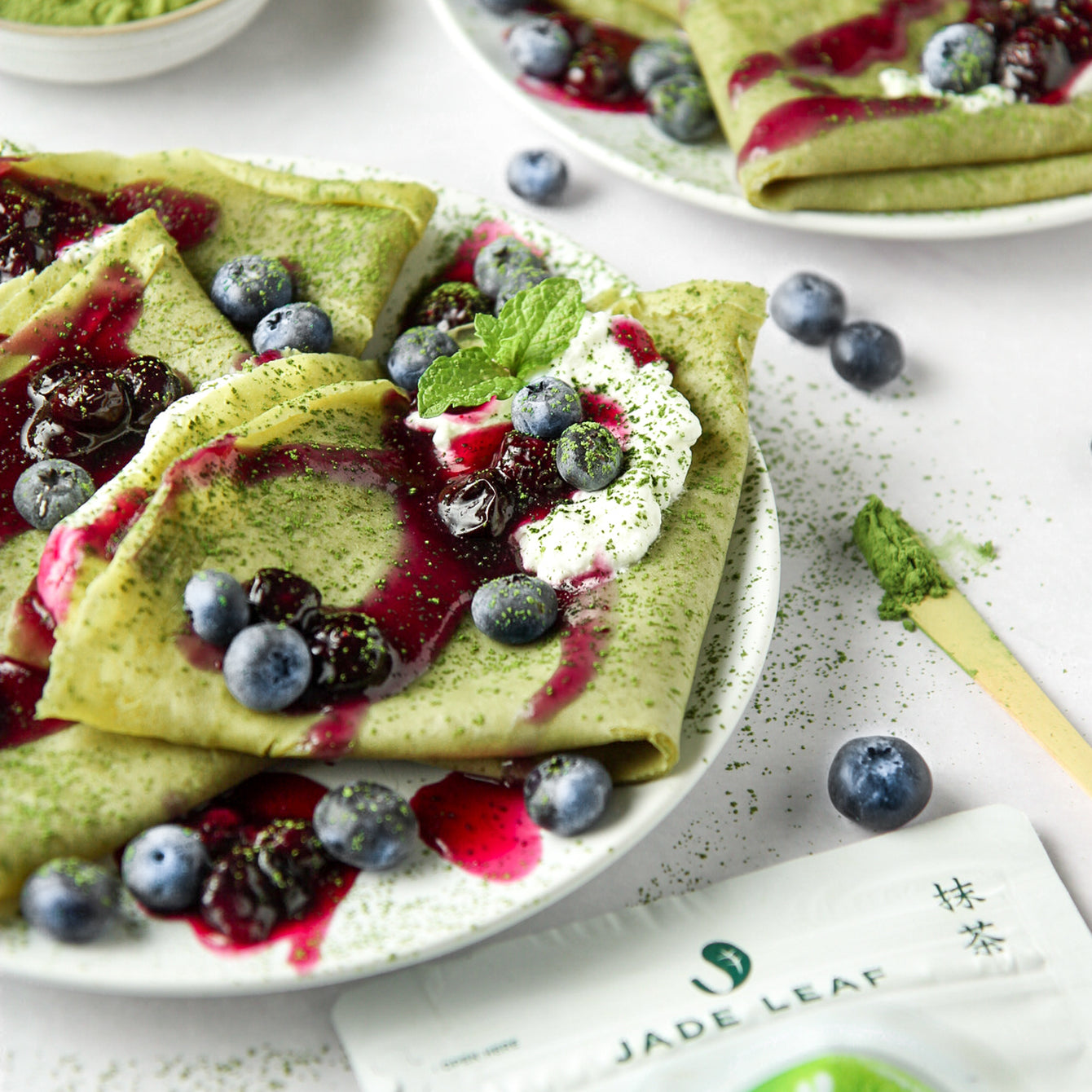 Matcha Crepes with Blueberry Sauce