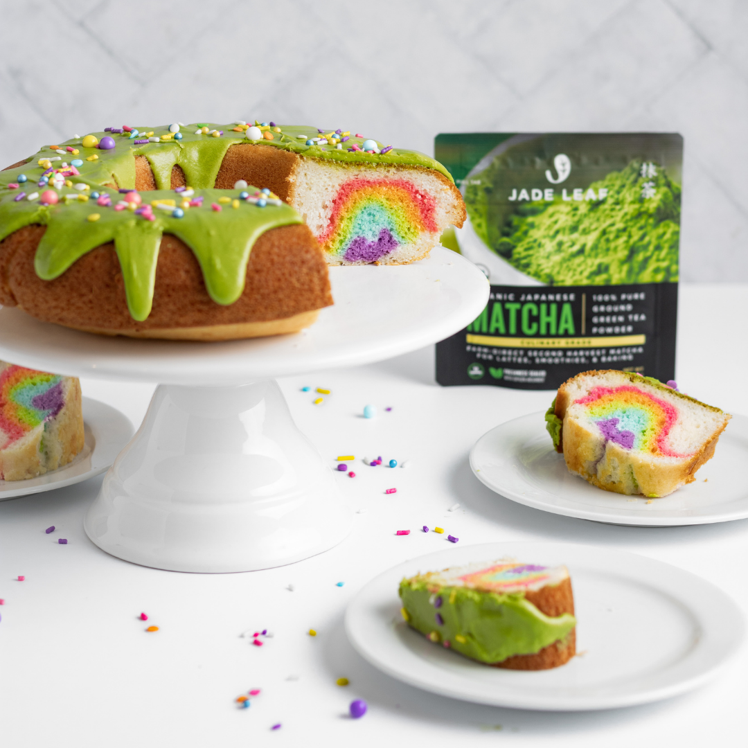 Rainbow Bundt Cake with Matcha Frosting