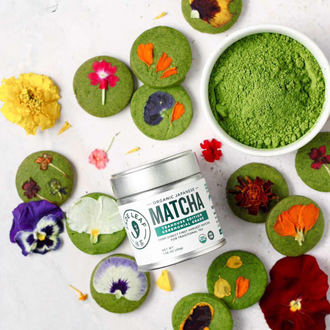 Matcha Shortbread Cookies with Edible Flowers