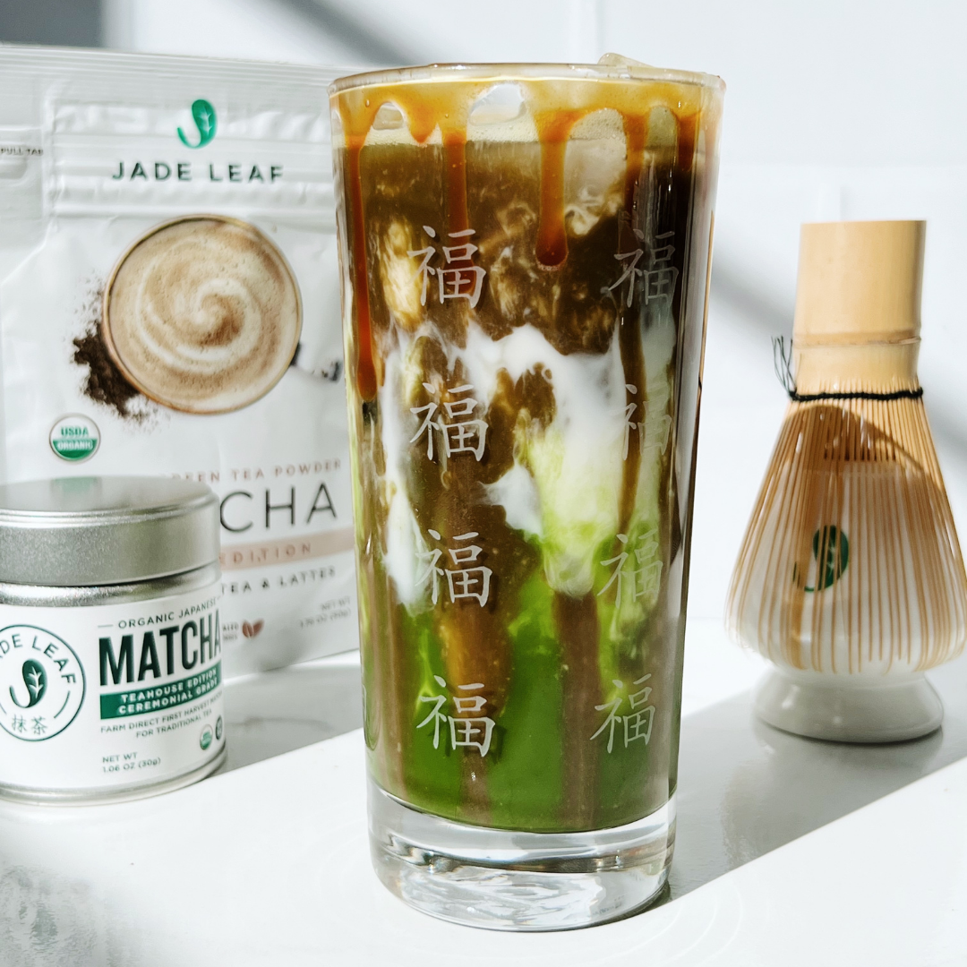 Matcha + Hojicha Latte with Caramel Drizzle
