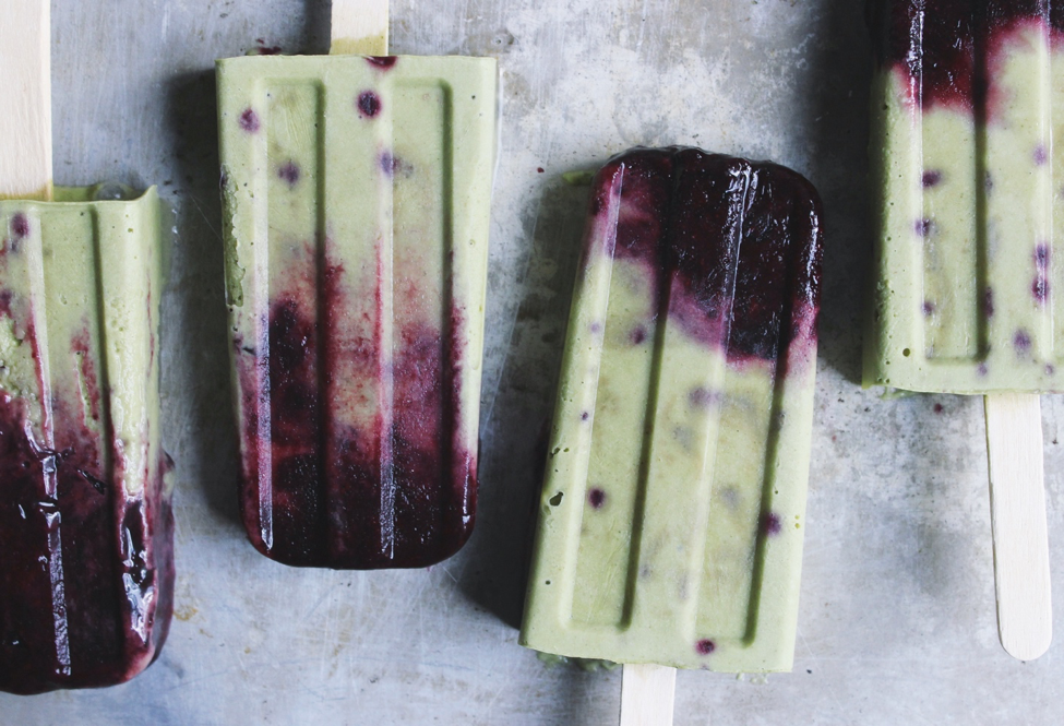 Roasted Blueberries and Cream Matcha Popsicles