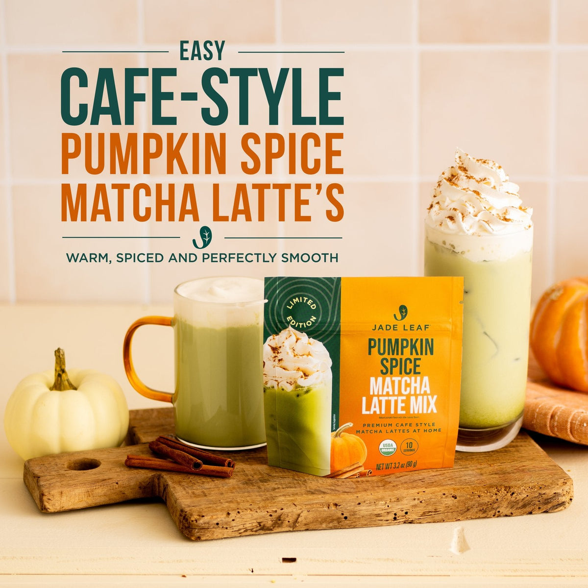 Pumpkin Spice Matcha Latte Mix in cup with pumpkin and spices, organic vegan gluten-free drink