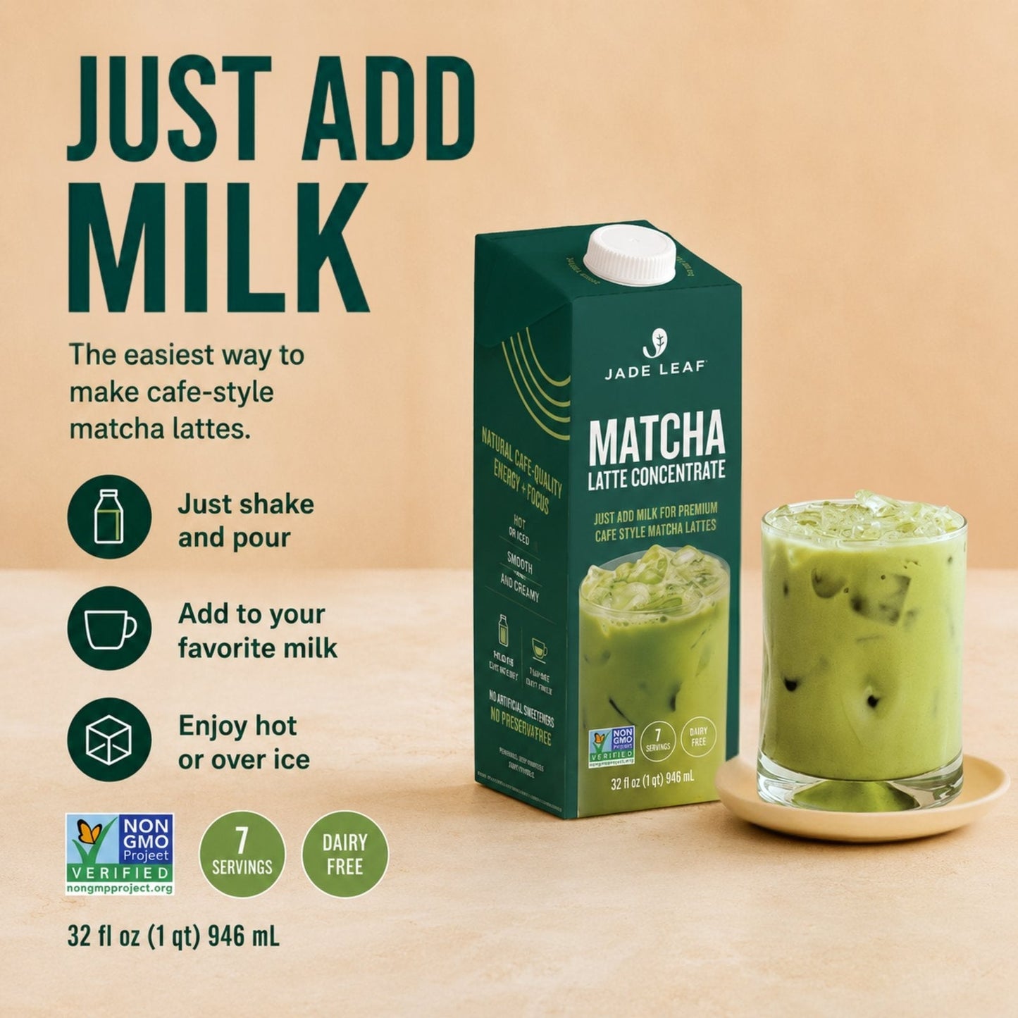 Six-pack of matcha latte concentrate bottles with milk on wooden surface for easy homemade matcha lattes