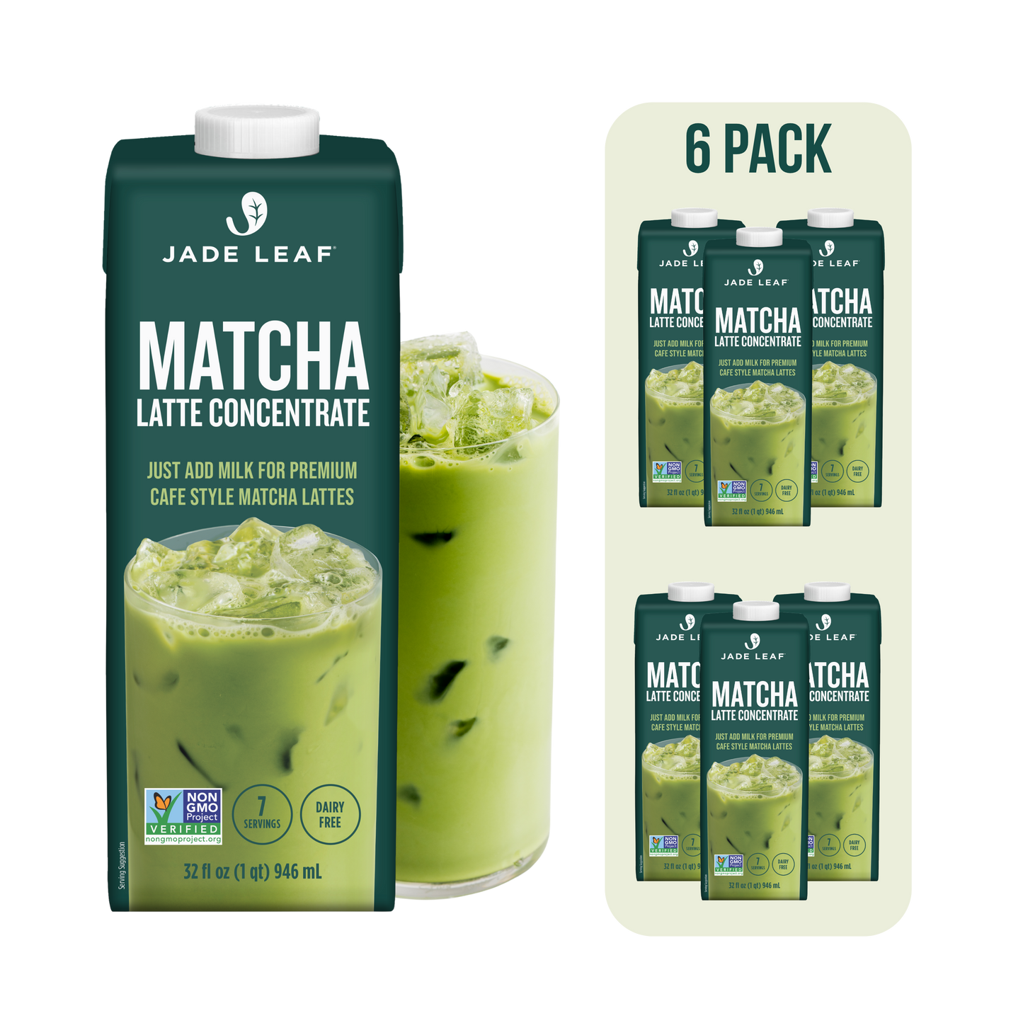 Six-pack of Matcha Latte Concentrate bottles for easy hot or iced matcha drinks