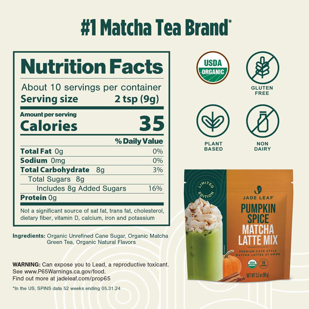 Pumpkin Spice Matcha Latte Mix in a cup with cinnamon sticks and pumpkin decoration