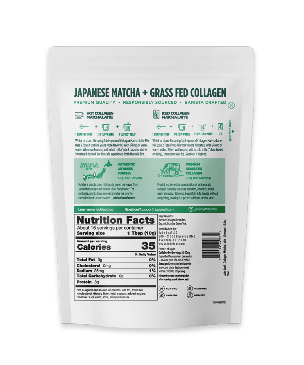 Collagen Matcha Latte Mix with organic Japanese matcha, collagen peptides, low calorie, and keto-friendly benefits