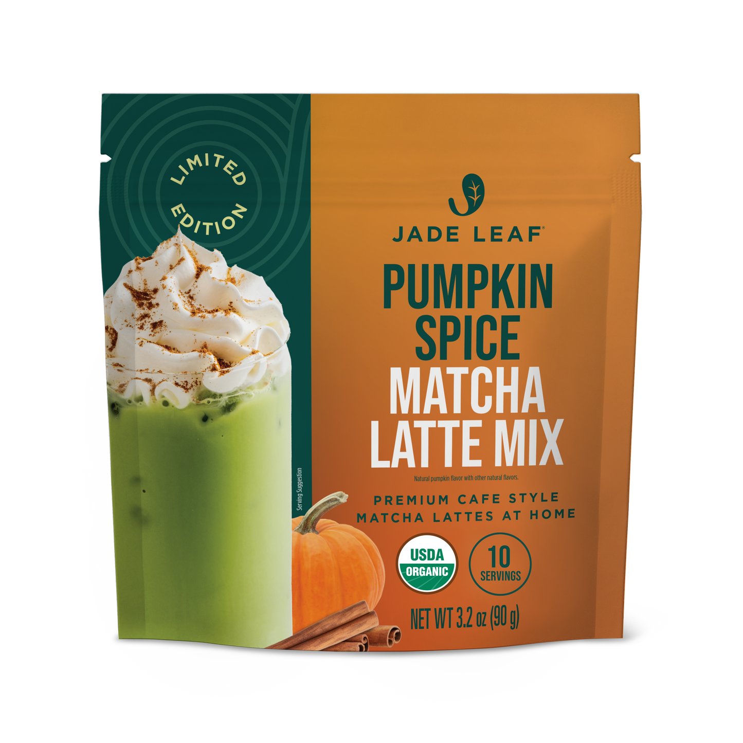 Pumpkin Spice Matcha Latte Mix package with warm spices and matcha powder for vegan, gluten-free latte