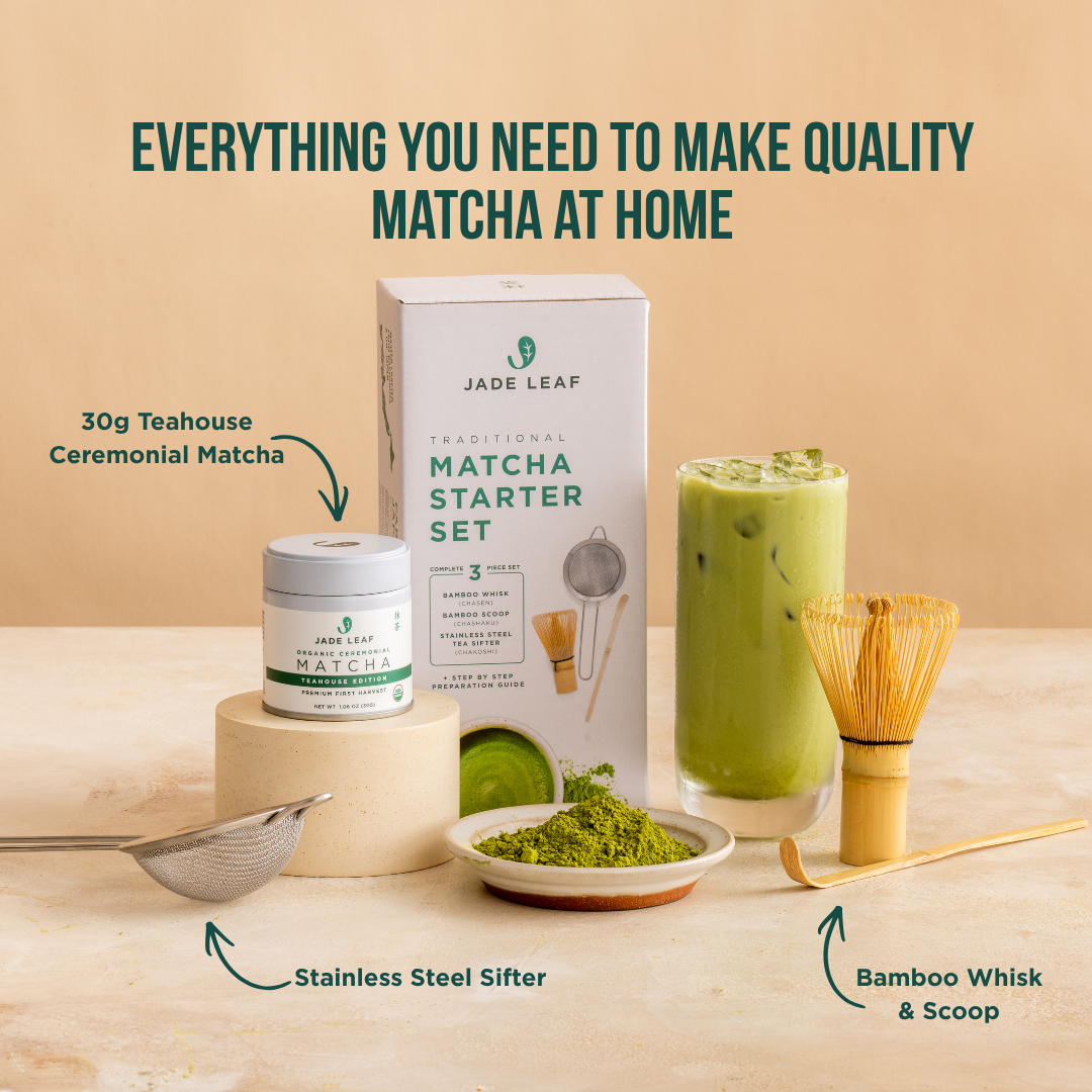Ceremonial Matcha Starter Bundle with organic matcha, bamboo whisk, scoop, sifter, and matcha handbook