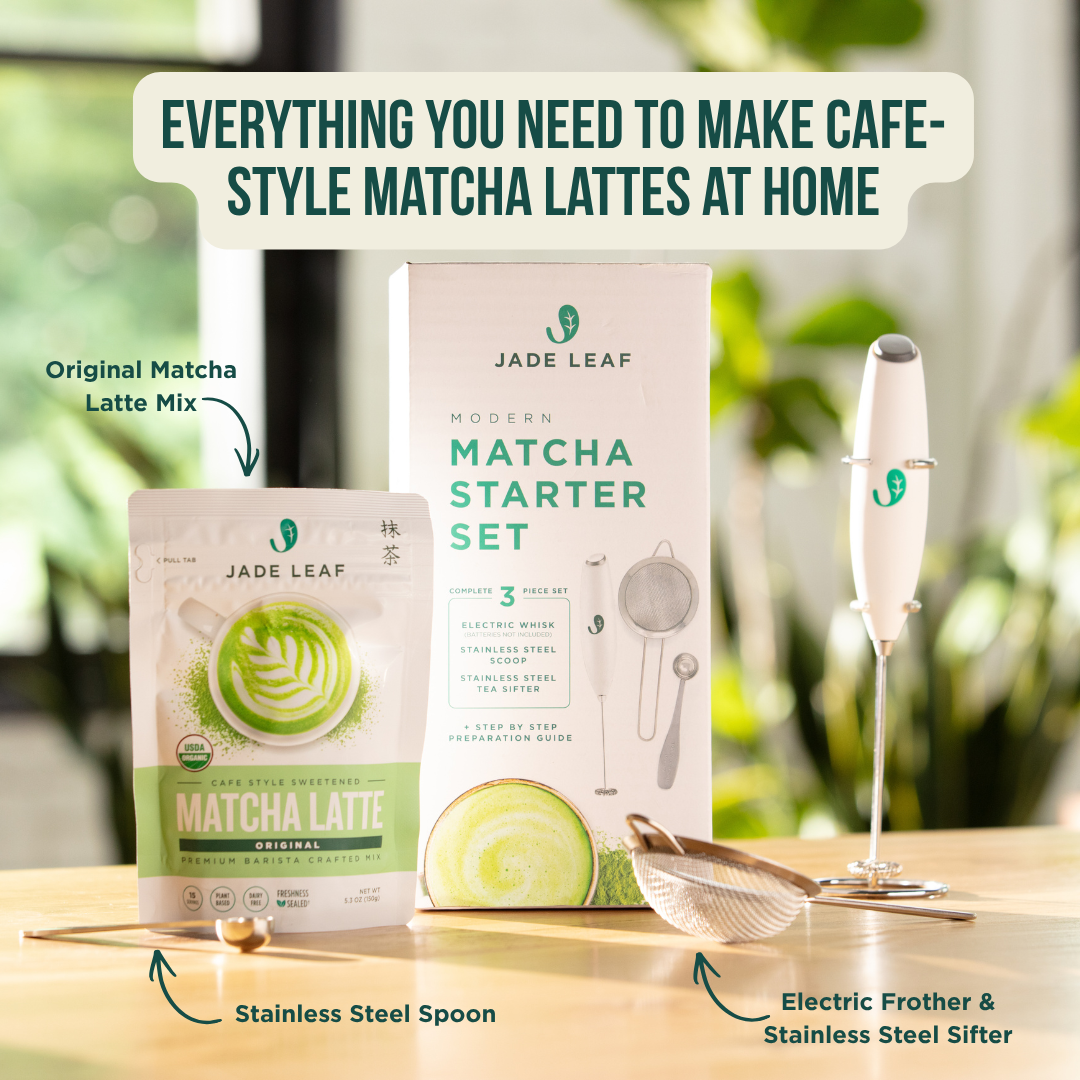 Cafe Style Matcha Latte Mix Starter Bundle with electric whisk, steel sifter, scoop, and matcha handbook