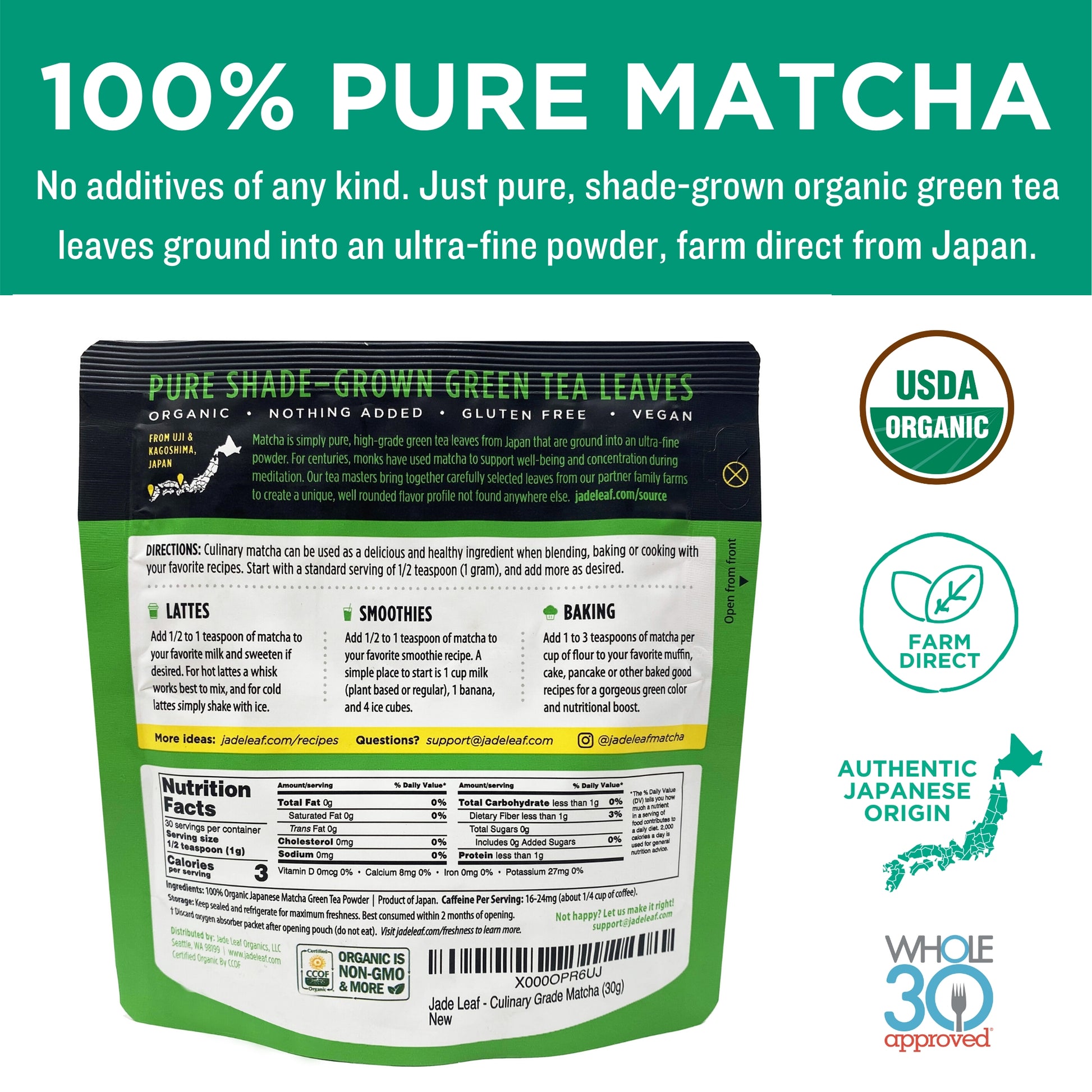 GREEN LEAF MATCHA - 100% ORGANIC PURE GREEN TEA MATCHA POWDER. 30  SERVINGS!!