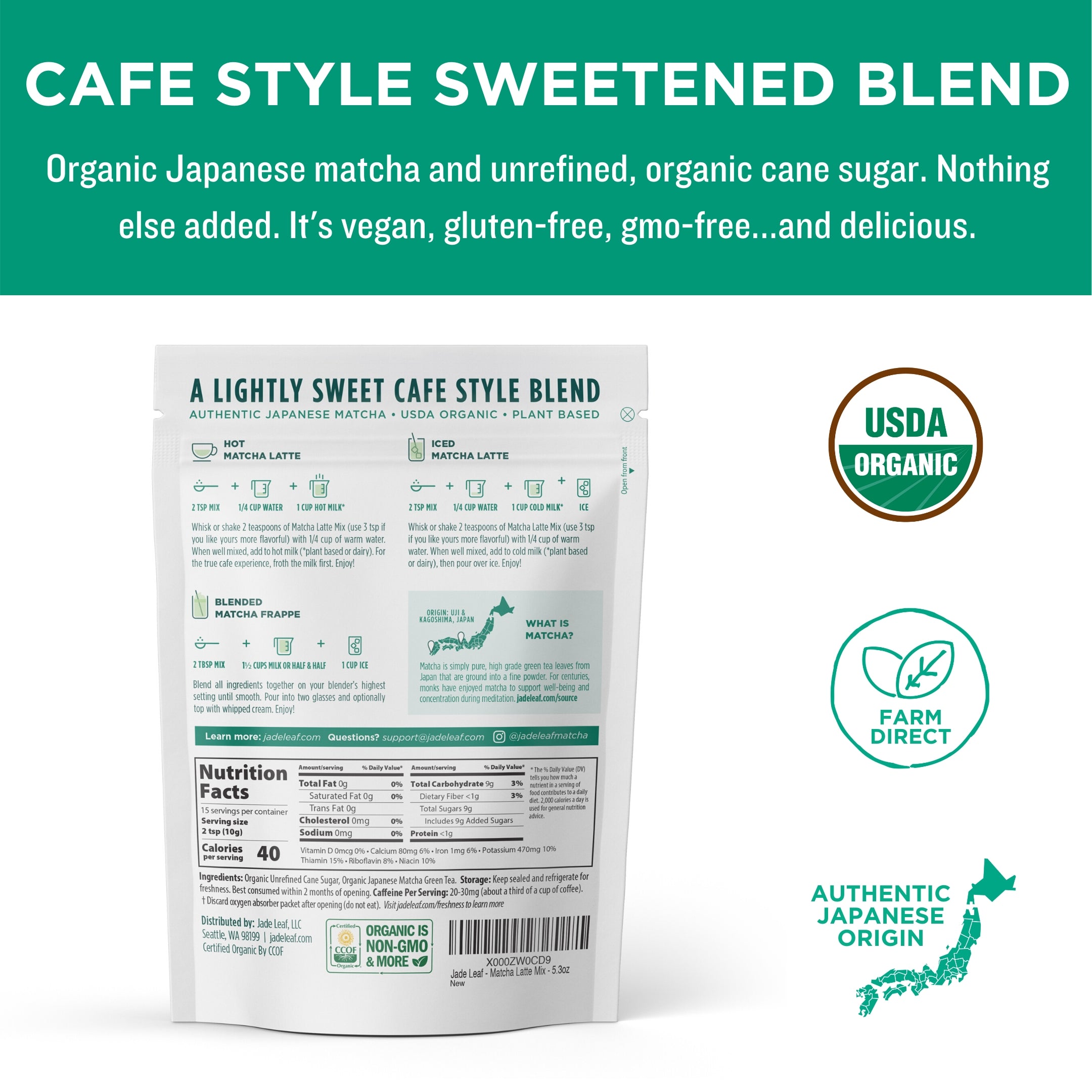gentage side apologi Organic Cafe Style Sweetened Matcha Latte Mix - Original | Jade Leaf Matcha