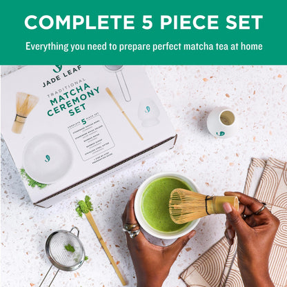 Jade Leaf Matcha Complete Matcha Ceremony Set - Includes: Bamboo Matcha Whisk & Scoop, Stainless Steel Sifter, Stoneware Bowl & Whisk Holder, and Prep